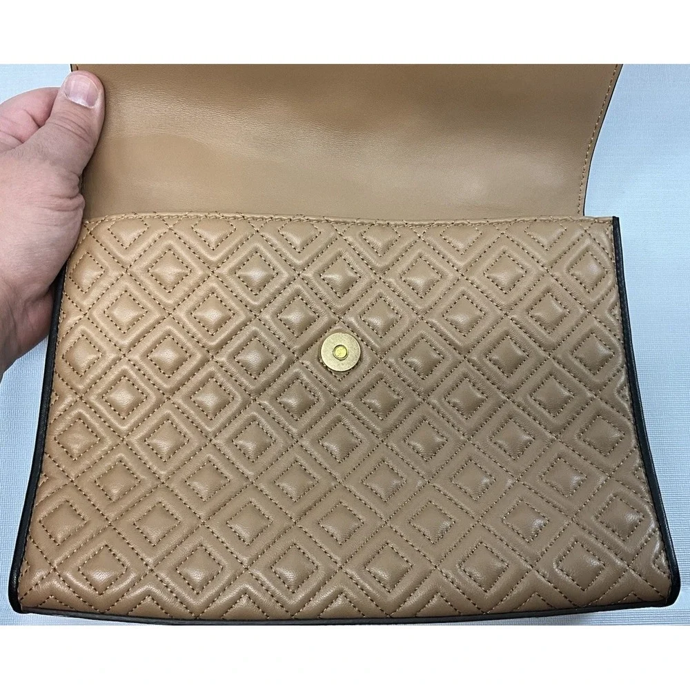 Tory Burch Fleming Quilted Colorblock Convertible Leather Shoulder Bag Black Tan